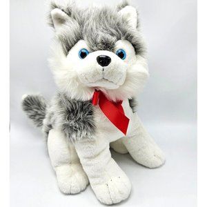 Walmart Husky Puppy Dog Plush Stuffed Animal 14" Gray White Red Bow Sitting